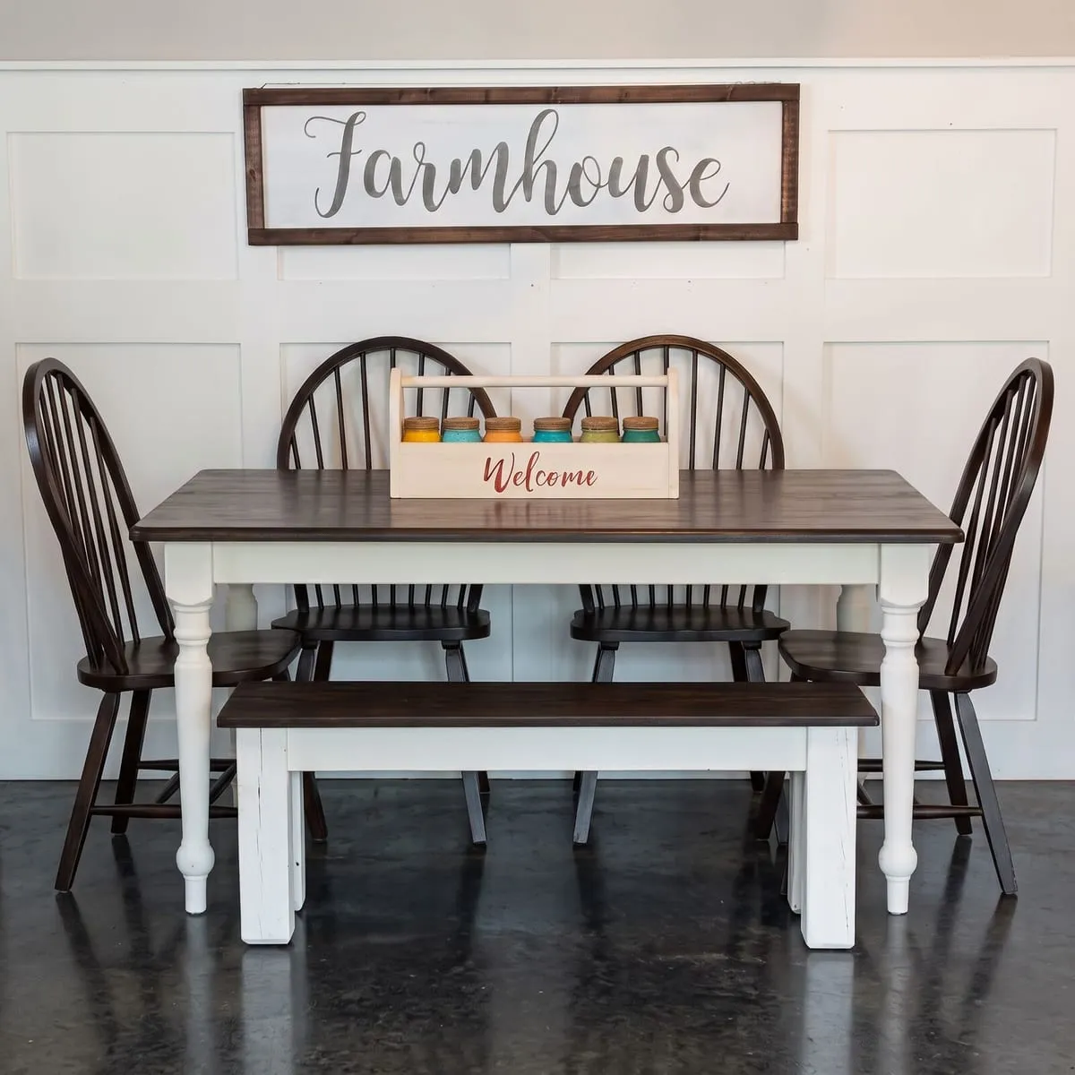 Farmhouse dining table and bench with a wood top and cream legs