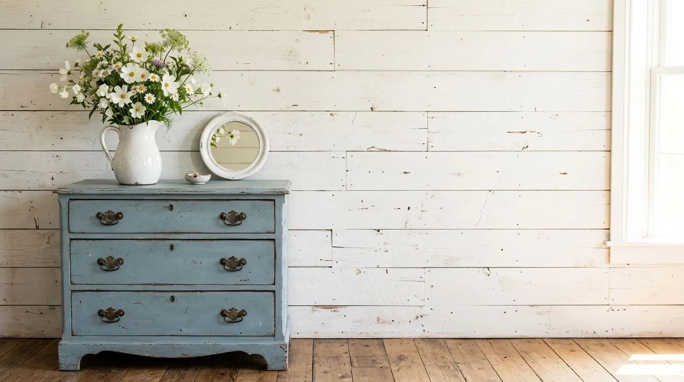 A blue painted dresser with a pitcher of daisies against a white shiplap wall