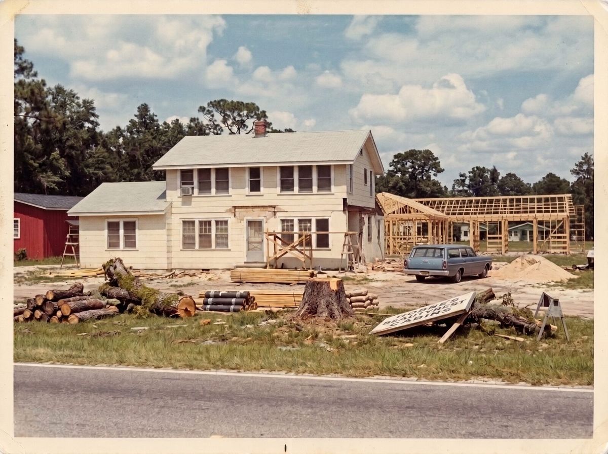 Illustration of Vivian Searcy converting the property into Bayard Antique Village in 1967, with the new central barn under construction, the restaurant cleared away, and a mid-1960s car on the lot