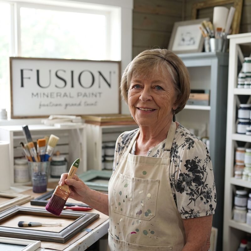 Charlotte in a paint-splattered apron holding a Fusion Mineral Paint brush in her studio