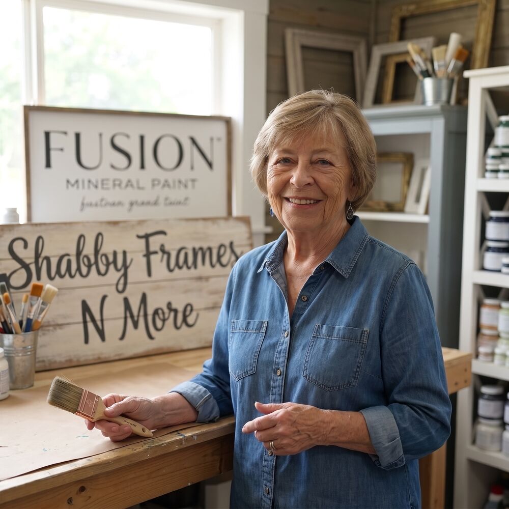 Charlotte, owner of Shabby Frames N More, smiling in her Jacksonville studio holding a paintbrush beside a hand-painted Shabby Frames N More sign